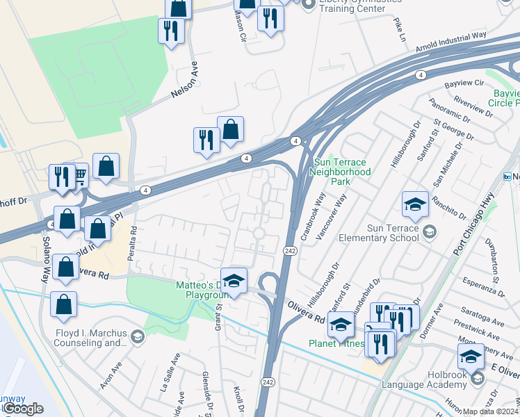 map of restaurants, bars, coffee shops, grocery stores, and more near 3600 Northwood Drive in Concord