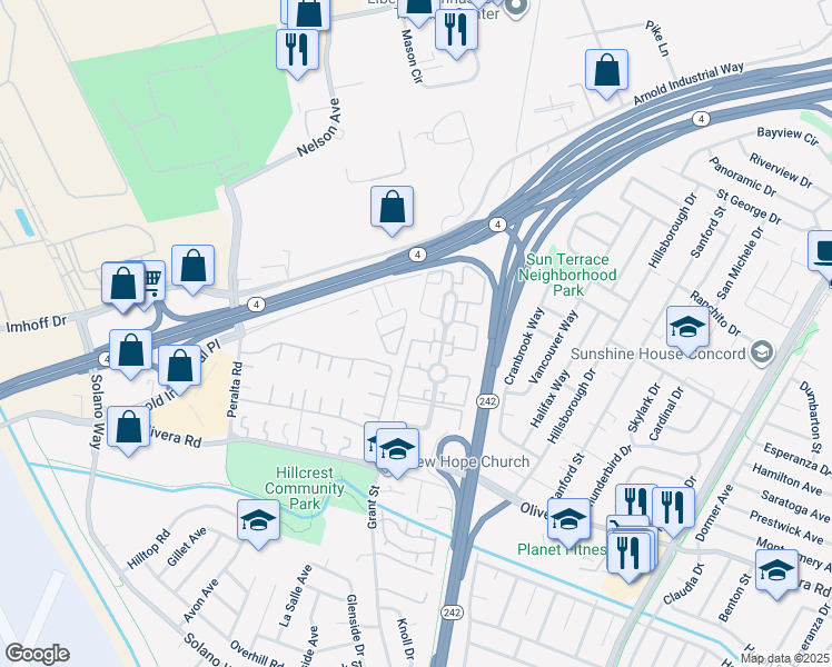 map of restaurants, bars, coffee shops, grocery stores, and more near 3600 Northwood Drive in Concord
