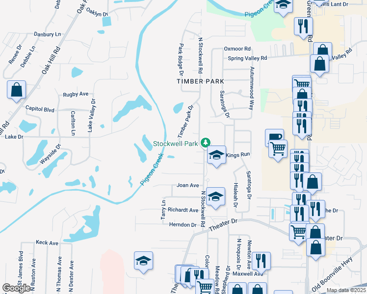 map of restaurants, bars, coffee shops, grocery stores, and more near 2704 Timber Park Drive in Evansville