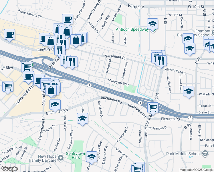 map of restaurants, bars, coffee shops, grocery stores, and more near 2416 Shadow Lane in Antioch