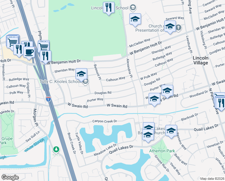 map of restaurants, bars, coffee shops, grocery stores, and more near 2403 West Polk Way in Stockton