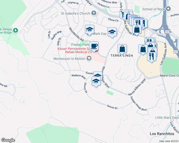 map of restaurants, bars, coffee shops, grocery stores, and more near 56 Esmeyer Drive in San Rafael