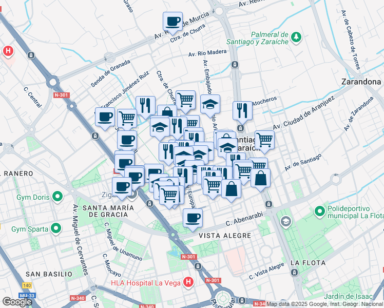 map of restaurants, bars, coffee shops, grocery stores, and more near Avenida Príncipe de Asturias in Murcia