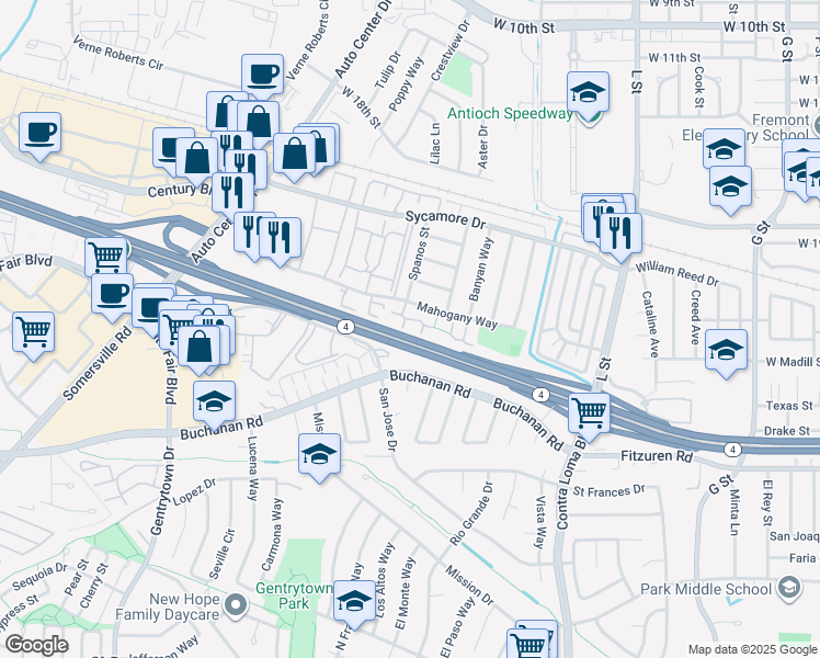 map of restaurants, bars, coffee shops, grocery stores, and more near 2416 Shadow Lane in Antioch