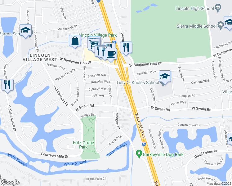 map of restaurants, bars, coffee shops, grocery stores, and more near 6303 Morgan Place in Stockton