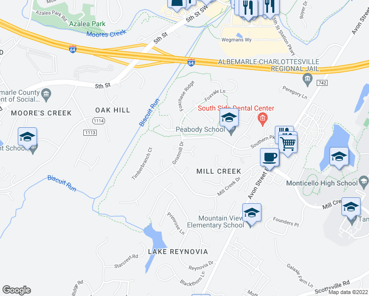 map of restaurants, bars, coffee shops, grocery stores, and more near 156 Spring Mountain Road in Charlottesville