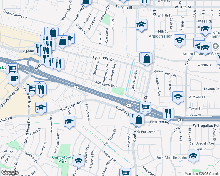 map of restaurants, bars, coffee shops, grocery stores, and more near 2405 Sunny Lane in Antioch