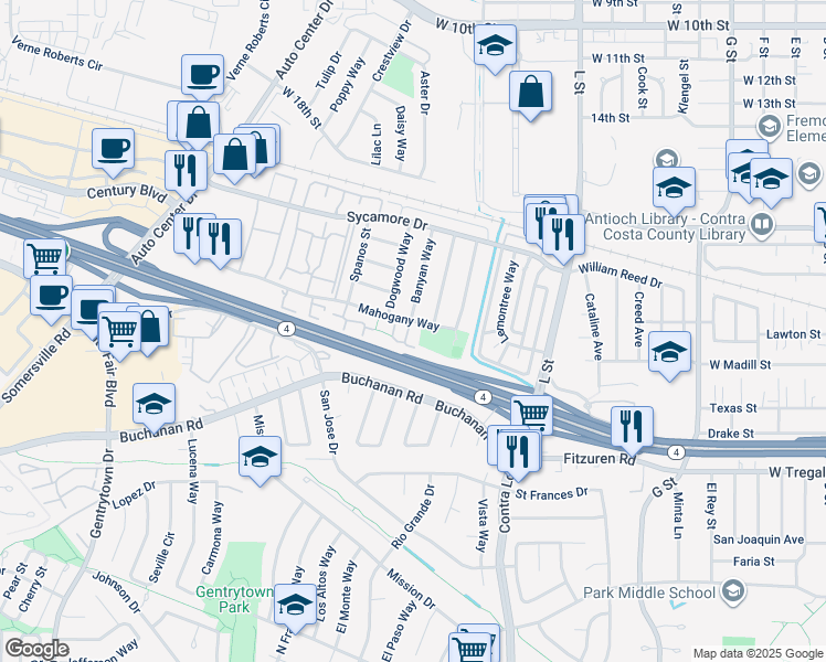 map of restaurants, bars, coffee shops, grocery stores, and more near 2405 Sunny Lane in Antioch
