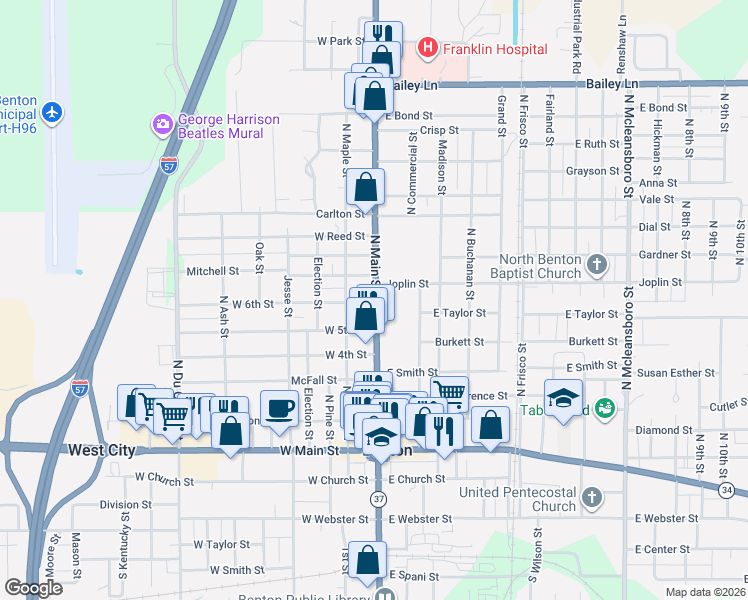 map of restaurants, bars, coffee shops, grocery stores, and more near 101 Joplin Street in Benton
