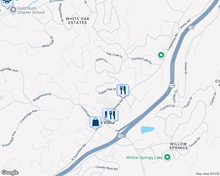 map of restaurants, bars, coffee shops, grocery stores, and more near 17274-17404 Valley Oak Road in Sonora