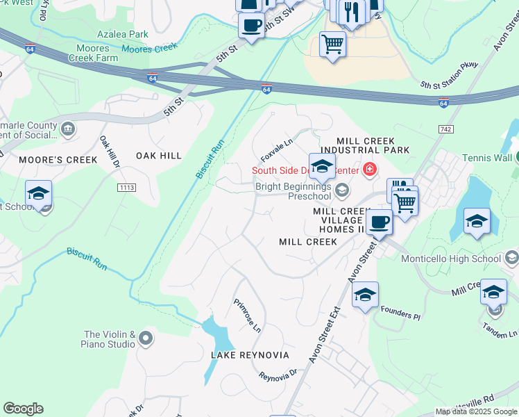 map of restaurants, bars, coffee shops, grocery stores, and more near 156 Spring Mountain Road in Charlottesville