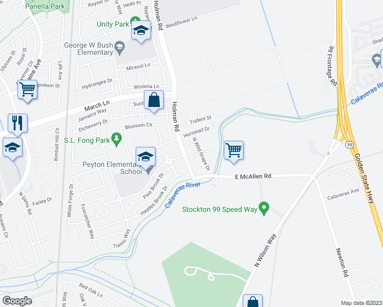 map of restaurants, bars, coffee shops, grocery stores, and more near 2923 Rapid Brook Court in Stockton