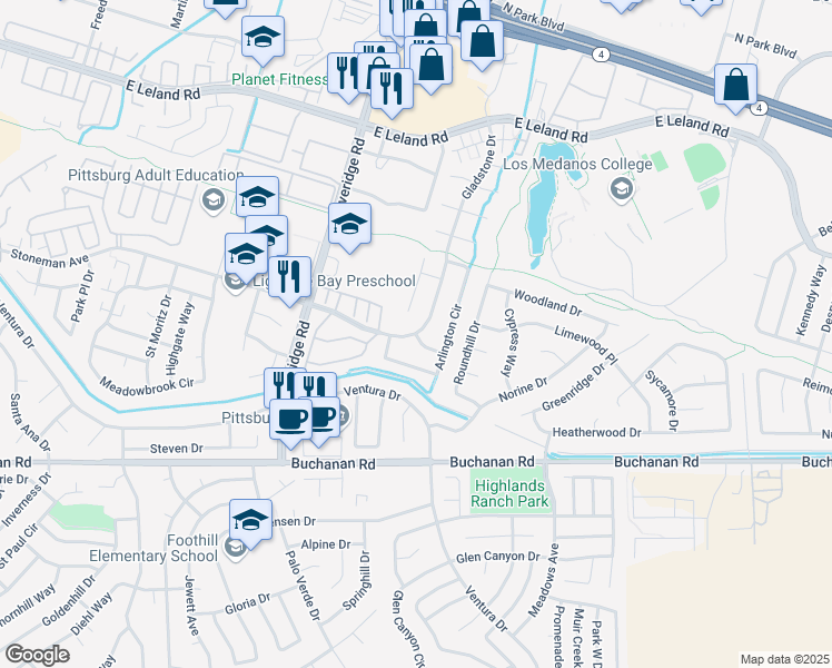 map of restaurants, bars, coffee shops, grocery stores, and more near Gladstone Drive & Waverly Way in Pittsburg