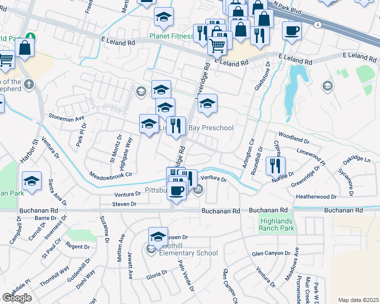 map of restaurants, bars, coffee shops, grocery stores, and more near 153 Peppermill Lane in Pittsburg