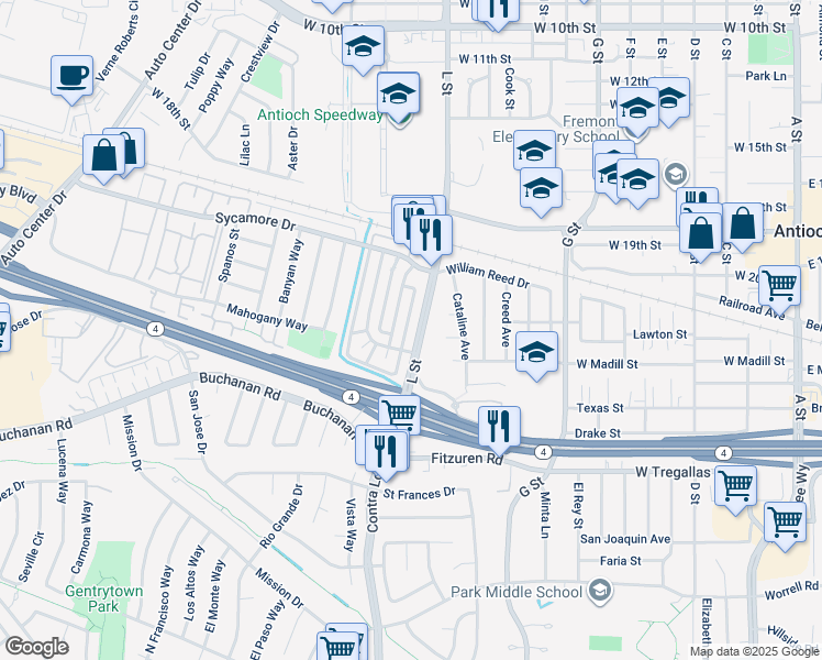 map of restaurants, bars, coffee shops, grocery stores, and more near 2304 L Street in Antioch
