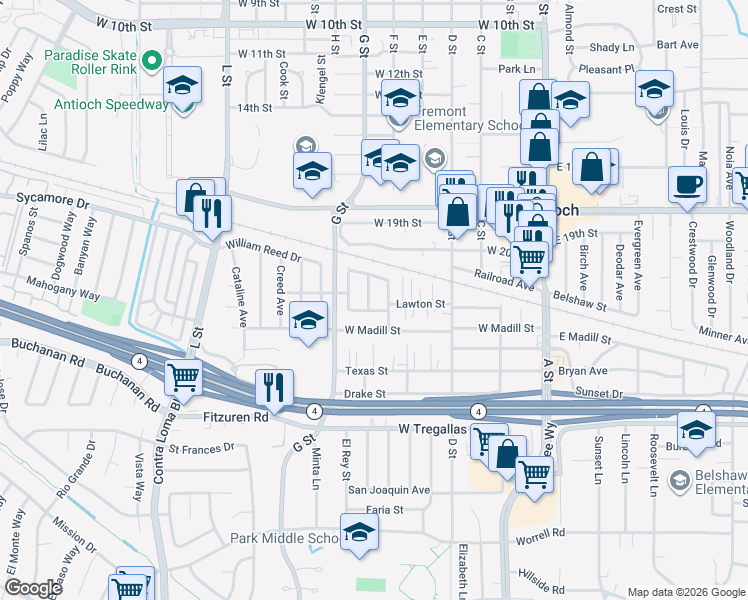 map of restaurants, bars, coffee shops, grocery stores, and more near 24 Lawrence Avenue in Antioch