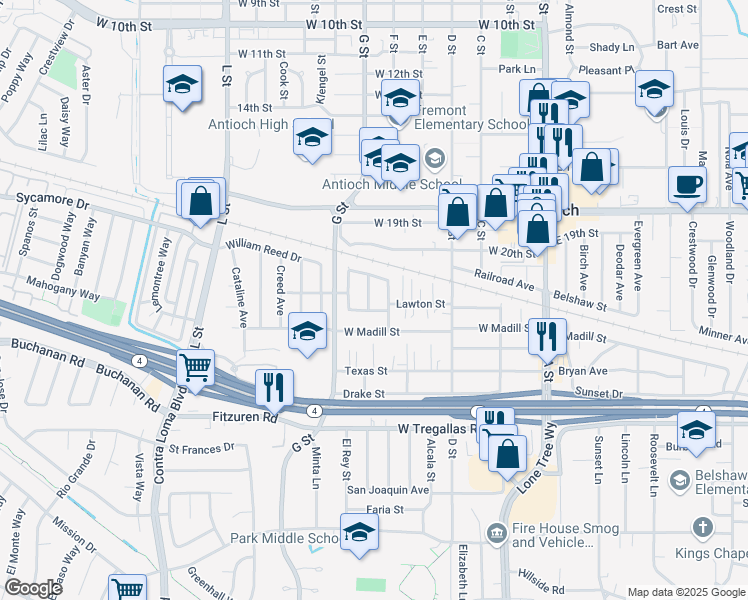 map of restaurants, bars, coffee shops, grocery stores, and more near 24 Lawrence Avenue in Antioch