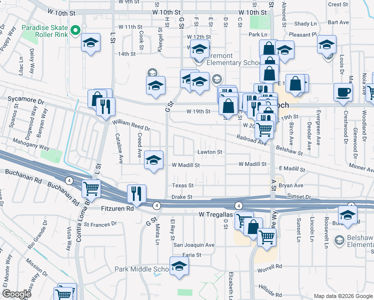 map of restaurants, bars, coffee shops, grocery stores, and more near 24 Lawrence Avenue in Antioch