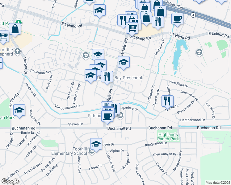 map of restaurants, bars, coffee shops, grocery stores, and more near 153 Peppermill Lane in Pittsburg