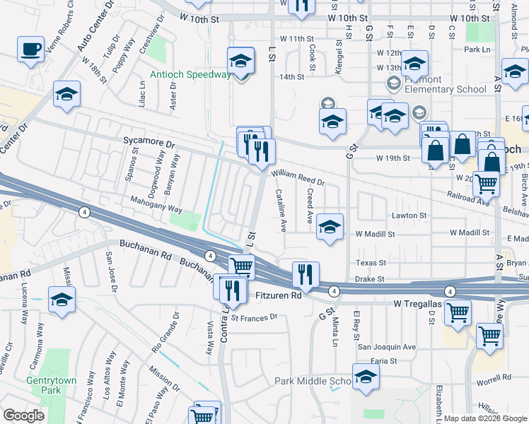 map of restaurants, bars, coffee shops, grocery stores, and more near 4 Brisdale Place in Antioch