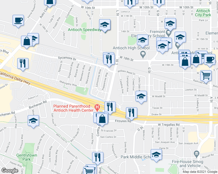 map of restaurants, bars, coffee shops, grocery stores, and more near 2204 L Street in Antioch