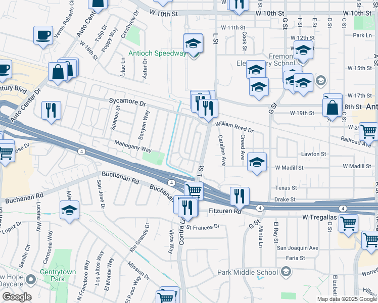 map of restaurants, bars, coffee shops, grocery stores, and more near 2301 Lemontree Way in Antioch