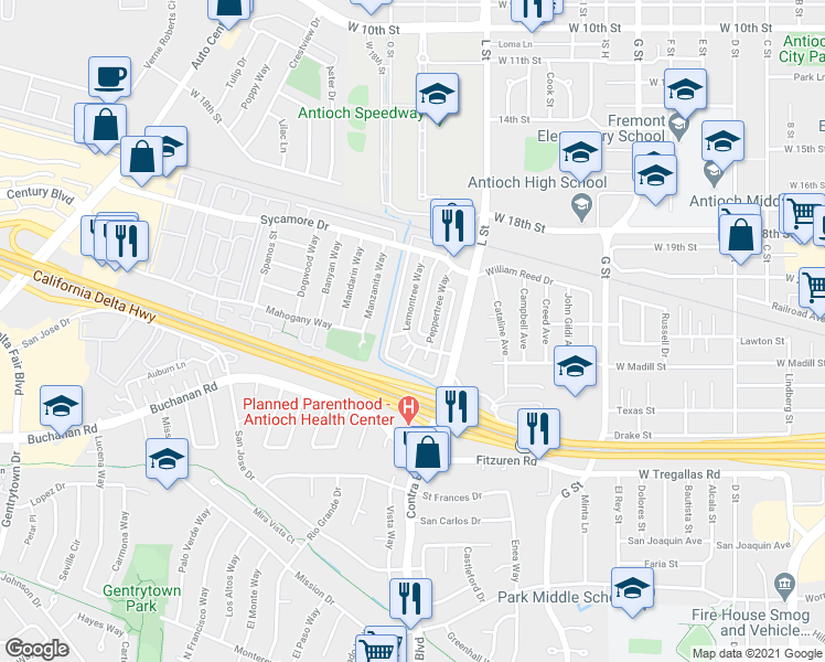 map of restaurants, bars, coffee shops, grocery stores, and more near 2301 Lemontree Way in Antioch