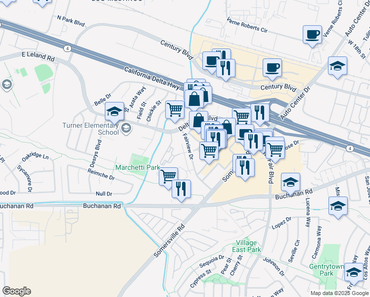 map of restaurants, bars, coffee shops, grocery stores, and more near 3609 Fairview Drive in Antioch