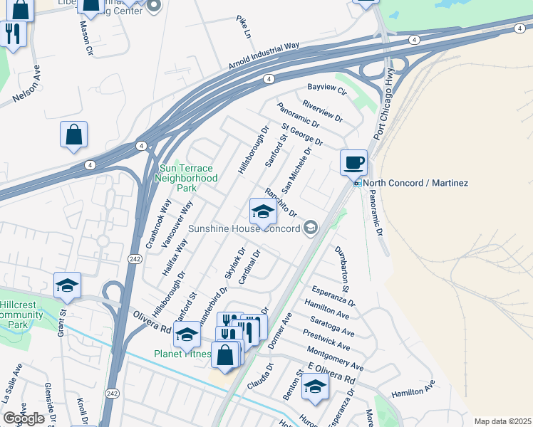 map of restaurants, bars, coffee shops, grocery stores, and more near 2357 Ranchito Drive in Concord