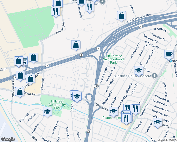 map of restaurants, bars, coffee shops, grocery stores, and more near 3600 Northwood Drive in Concord