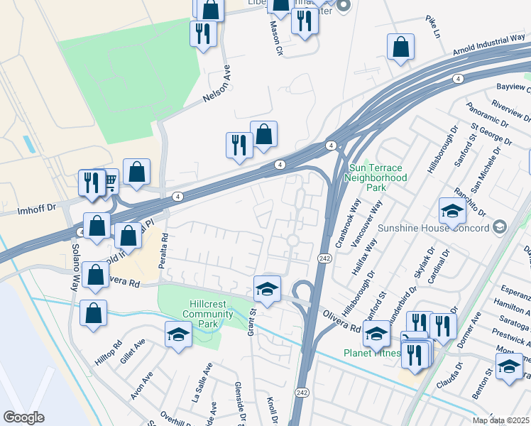 map of restaurants, bars, coffee shops, grocery stores, and more near 104 A Street in Concord
