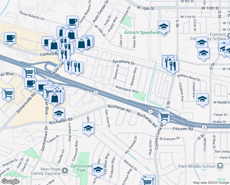 map of restaurants, bars, coffee shops, grocery stores, and more near 2405 Shadow Lane in Antioch
