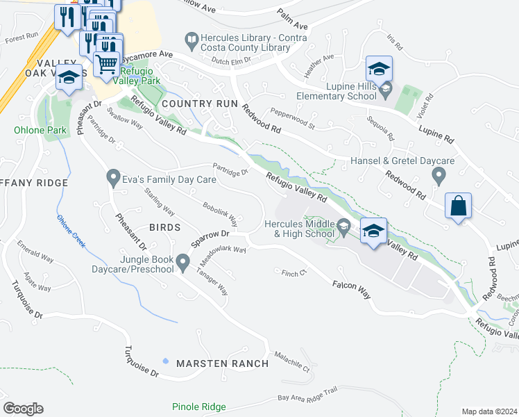 map of restaurants, bars, coffee shops, grocery stores, and more near 238 Sparrow Drive in Hercules