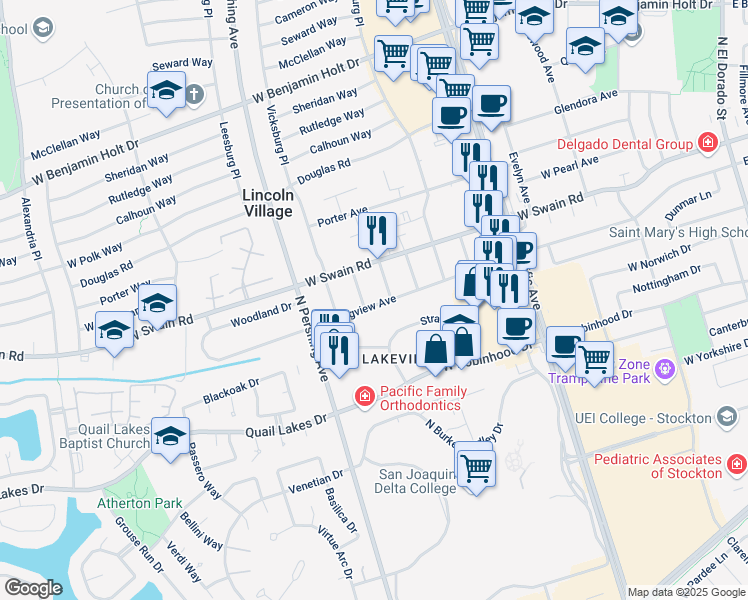 map of restaurants, bars, coffee shops, grocery stores, and more near 1133 West Longview Avenue in Stockton