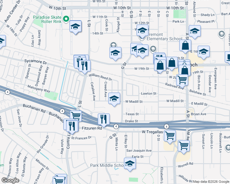map of restaurants, bars, coffee shops, grocery stores, and more near 707 Newbury Avenue in Antioch