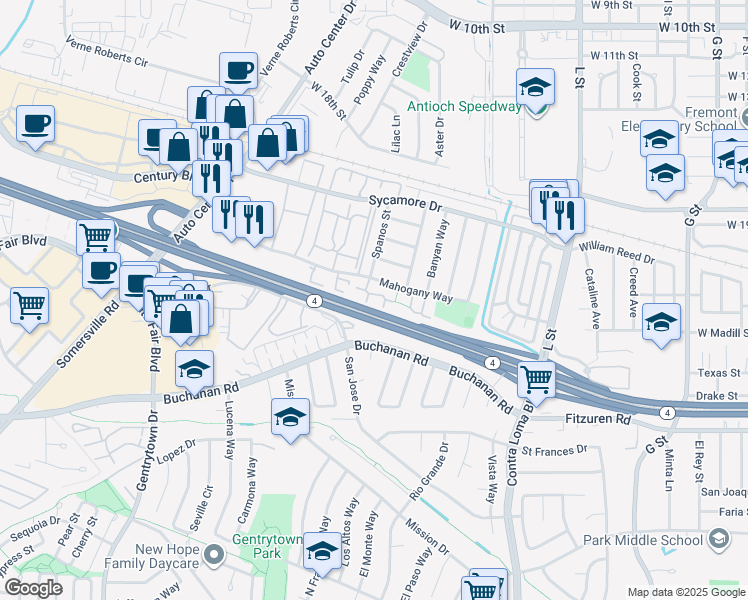map of restaurants, bars, coffee shops, grocery stores, and more near in Antioch