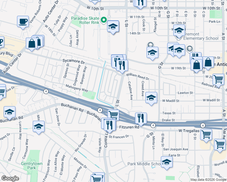 map of restaurants, bars, coffee shops, grocery stores, and more near 2305 Peppertree Way in Antioch