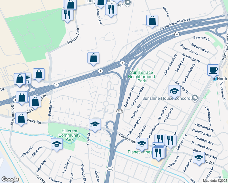 map of restaurants, bars, coffee shops, grocery stores, and more near 3605 Northwood Drive in Concord