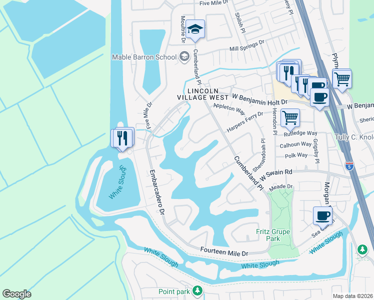 map of restaurants, bars, coffee shops, grocery stores, and more near 3822 Merrimac Court in Stockton