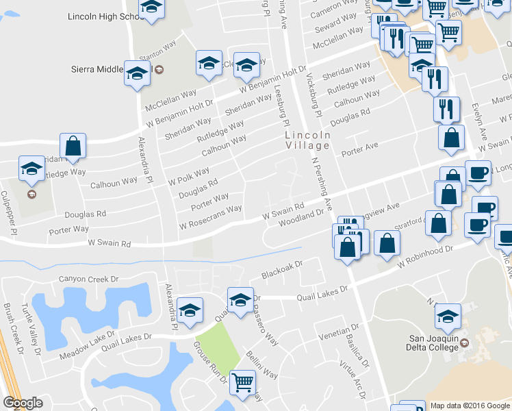 map of restaurants, bars, coffee shops, grocery stores, and more near 6134 North Harrisburg Place in Stockton