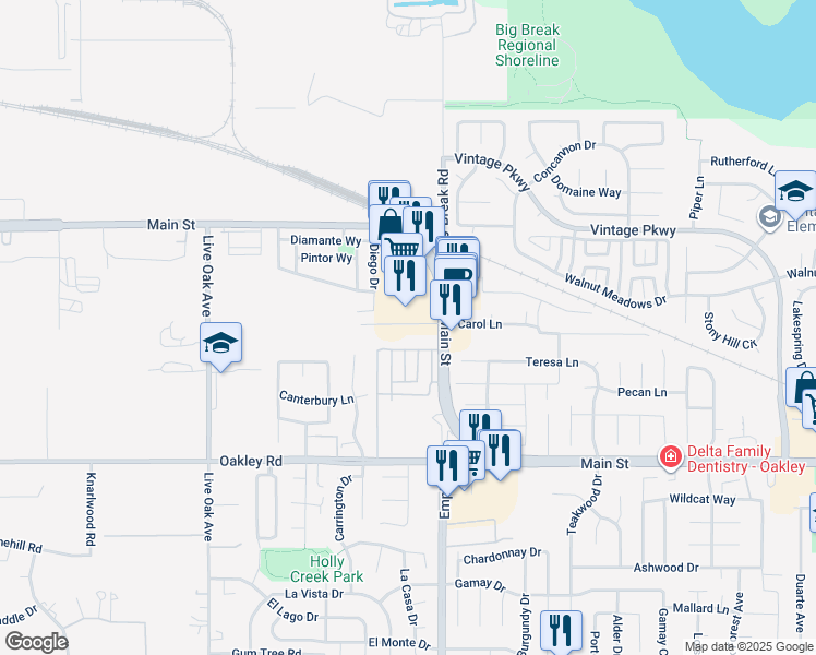map of restaurants, bars, coffee shops, grocery stores, and more near 85 Carol Lane in Oakley