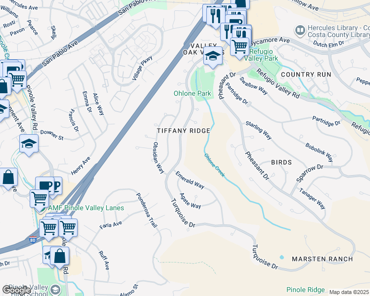 map of restaurants, bars, coffee shops, grocery stores, and more near 411 Turquoise Drive in Hercules