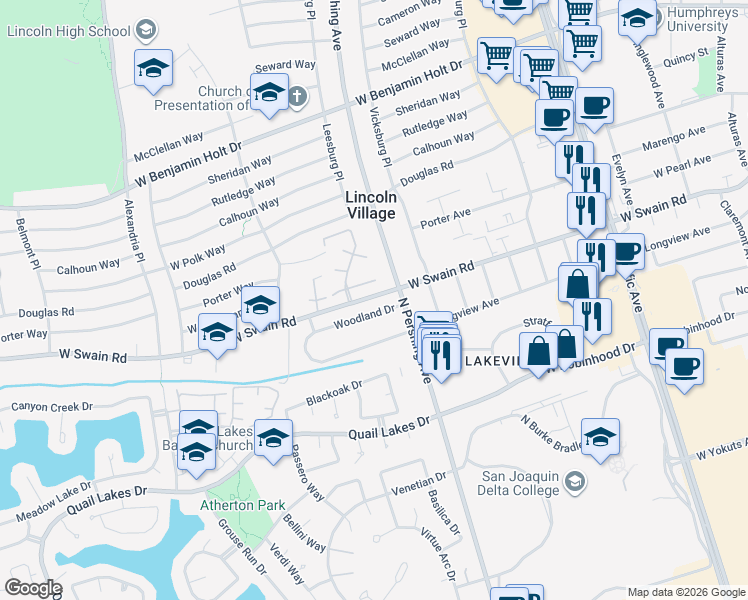map of restaurants, bars, coffee shops, grocery stores, and more near 1430 West Swain Road in Stockton
