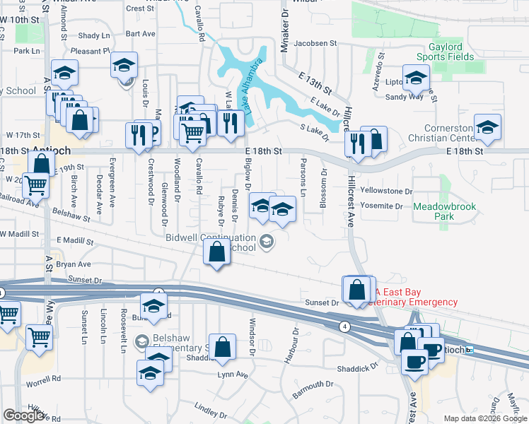 map of restaurants, bars, coffee shops, grocery stores, and more near 1936 Garden Court in Antioch