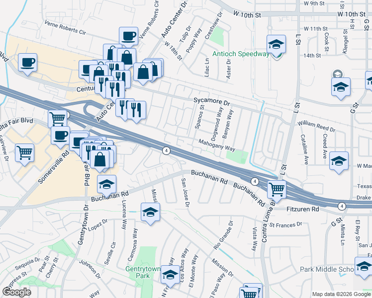 map of restaurants, bars, coffee shops, grocery stores, and more near 2405 Horizon Lane in Antioch