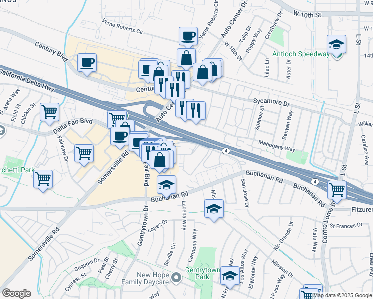 map of restaurants, bars, coffee shops, grocery stores, and more near 2201 San Jose Drive in Antioch