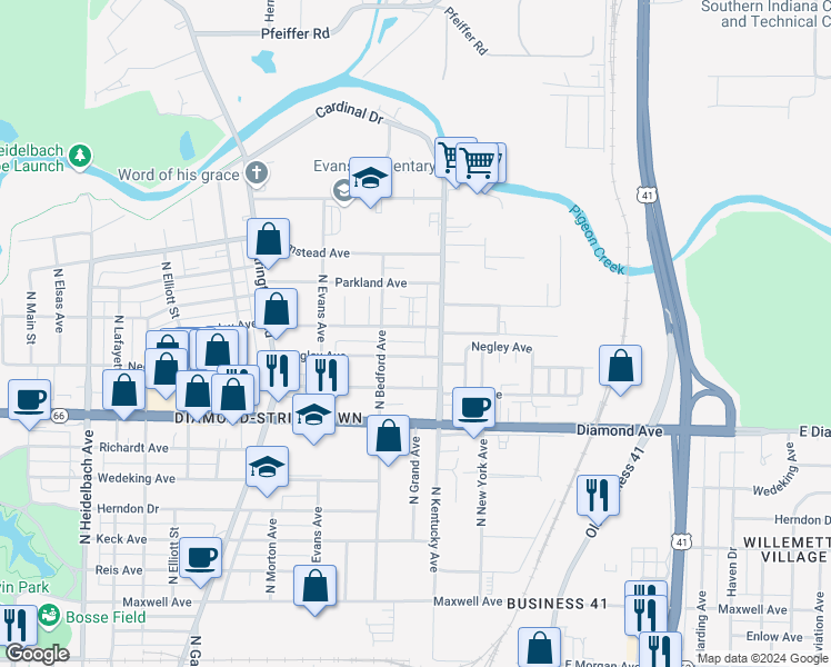 map of restaurants, bars, coffee shops, grocery stores, and more near 2560 North Kentucky Avenue in Evansville