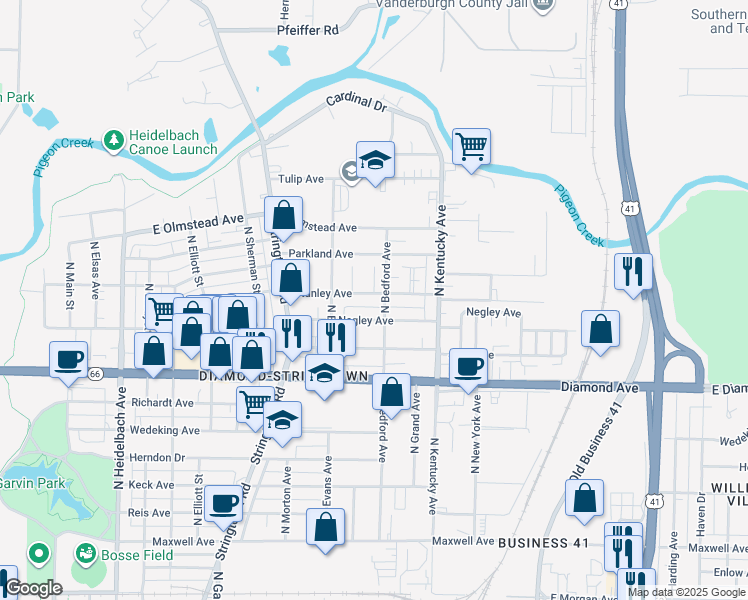 map of restaurants, bars, coffee shops, grocery stores, and more near 834 Stanley Avenue in Evansville