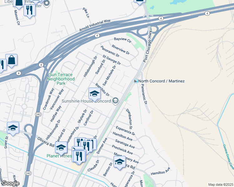 map of restaurants, bars, coffee shops, grocery stores, and more near 2470 Sun View Terrace in Concord
