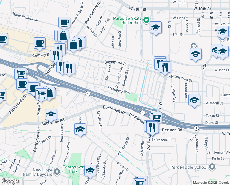 map of restaurants, bars, coffee shops, grocery stores, and more near 1701 Mahogany Way in Antioch